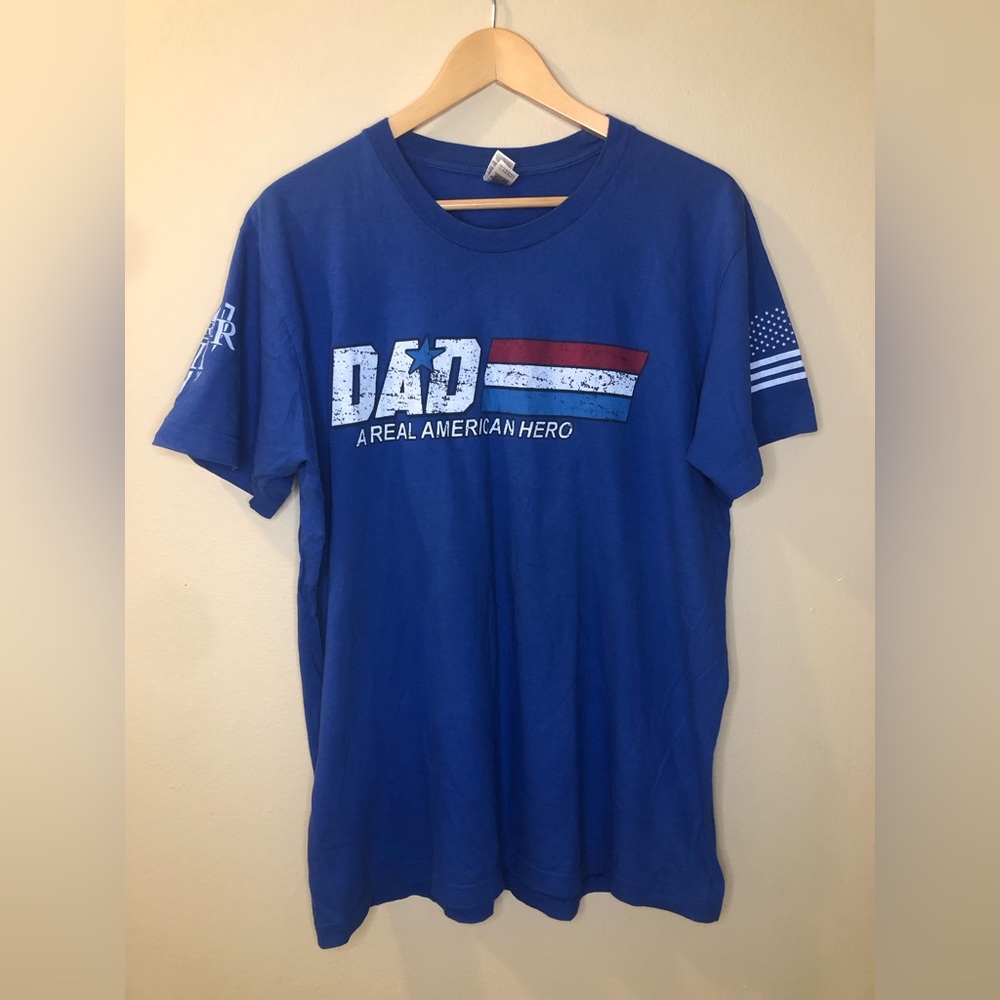 American Apparel Men’s Short Sleeve Real American Hero Dad Blue Shirt Top Size L